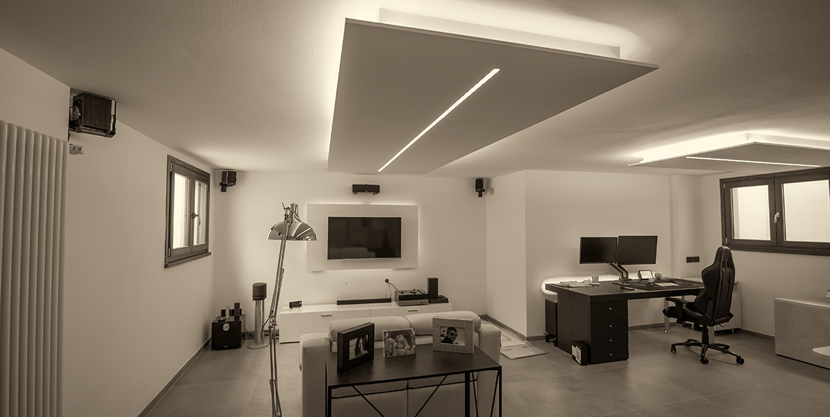 Modern Basement with a dedicated home office